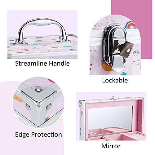 Hododou Jewelry Box For Girls Kids Organizer With Drawer & Tray Portable Travel Lockable With Mirror Handle Hair Accessories Storage Box - Rainbow Alpaca #TOP3