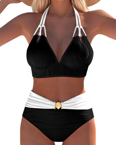 Double Strap High Waist Contrast Color Swimsuit for Women Deep V Neck Embossing Bikini Beach Vacation Bathing Suits