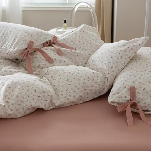 Image of MKXI Cute Bow Tie & Pink Flower Stripes Duvet Cover Twin Size Cotton Bedding Set - Cottagecore Small Floral Print Comforter Cover with 2 Pillowcases for Girls,Women, Sweet Home Gift