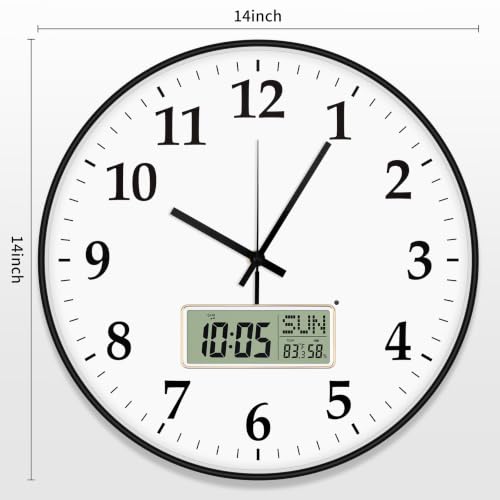 Image of Foxtop 14 inch Digital and Analog Wall Clock Silent Battery Operated Hour Chime