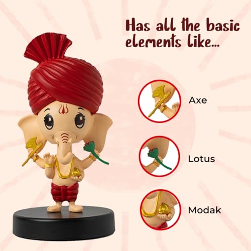 Image of Lord Bal Ganesh Idol for Car Dashboard Bobblehead, Home Decor Items for Living Room, Office Desk, Ganpati Murti for Gifting, Statue for Good Luck, Superhero Action Figure, Little Axe and Flower