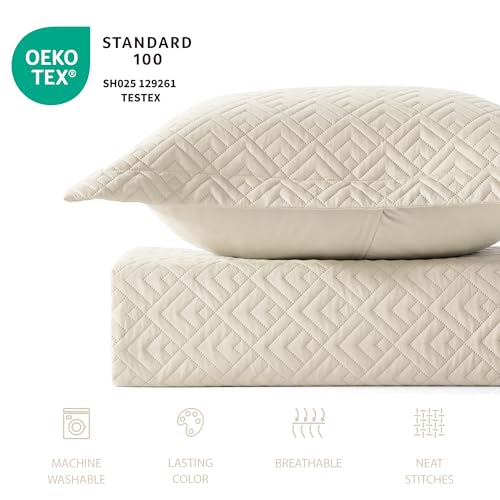 EXQ Home Quilt Set Full/Queen Size Beige 3 Piece,Lightweight Soft Coverlet Modern Style Squares Pattern Bedspread Set for All Season(1 Quilt,2 Pillow Shams)