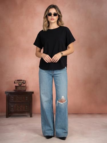 Image of JUNEBERRY Pure 100% Cotton Oversized Loose Fit Drop Shoulder Round Neck Boyfriend Fit Solid Half Sleeves T-Shirt for Women & Girls (Sizes: S to 2XL)
