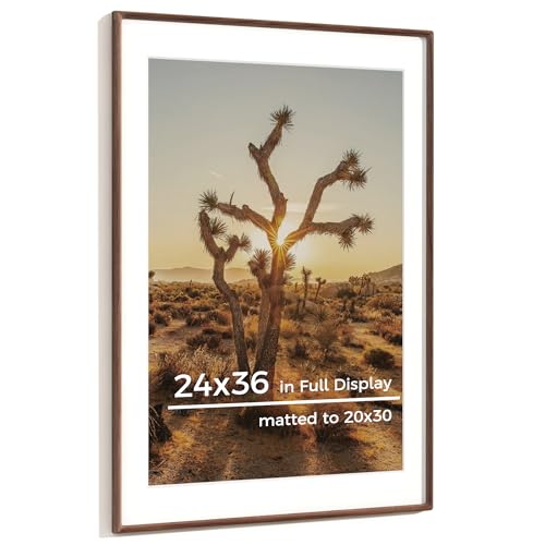 RICHFOCUS 24x36 Picture Frame USA-Sourced Natural Walnut Solid Wood Photo Frame Handcrafted Rounded Corner Wooden Frame with Real Glass Display Photos 20x30 with Mat or 24x36 Without Mat