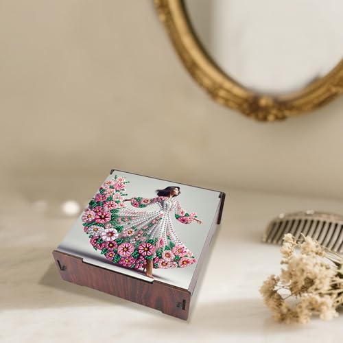 Image of DIY Diamond Art Storage Box, Flower Lady Design Wooden Diamond Painting Case with Flip-Top Lid and 4 Divided Compartments, Desktop Craft, Jewelry and Accessories Supplies Storage Container