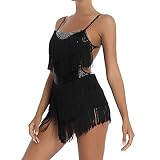 Runhomal Damen Fransen Latin Tango Kleid Tanzkleid Bodysuit mit Quaste Ballsaal Kleid Tanzkleid Ballettkleid Leotard Trikotbody mit Fransen Salsa Rumba Tanzkostüm Schwarz S