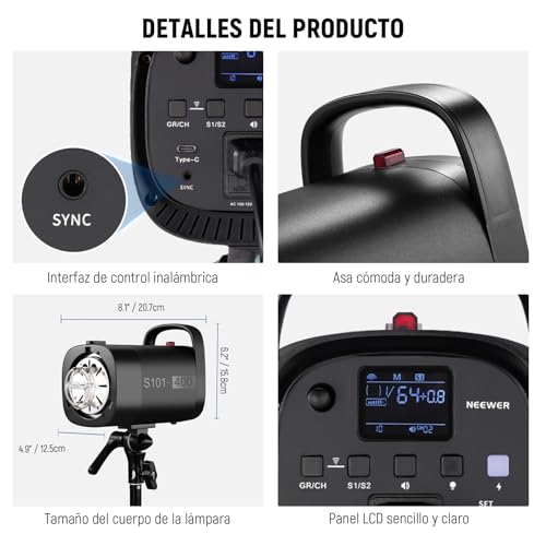 NEEWER S101-400W Pro Strobe Flash Luz con 2.4G Disparador 150W Lampara 400Ws GN65 5600K Bowens Mount Reflector Modo S1/S2 Ventilador Compatible con QPRO para Fotografía Retrato Productos Estudio - imagen 8