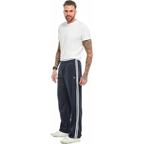 Men’s Elasticated Tracksuit Bottoms – Lightweight Silky Joggers for Gym, Sports, Running & Walking – Breathable Open Hem Pants - Stripe Navy-M