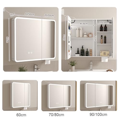 Miroir de courtoisie à LED gris avec meuble de rangement mural