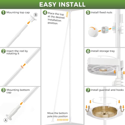 Image of akinbas 360 Rotating Shower Caddy Tension Pole with 4-Tier Rustproof Lazy Susan 35-128 Inch No Drilling Coner Shelves Adjustable Shower Rack for Bathroom Bathtub Washbasin Plant Storage (White+Gold)