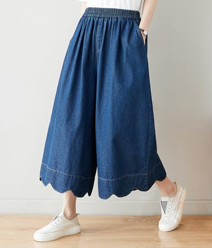 chouyatou Women's Cute Scalloped Hem Baggy Capri Jeans Wide Leg Elastic Waist Cropped Denim Pants with Pockets2