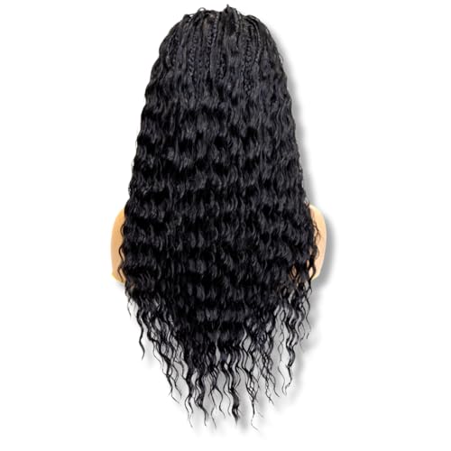 PIB Single Full Lace Braid Wig - Micro Box Braid Wig with Peruvian Deep Wave - Knotless Braids for Black Women - Boho Style Curly Hair Wig (#1B Off Black, 24 Inch)