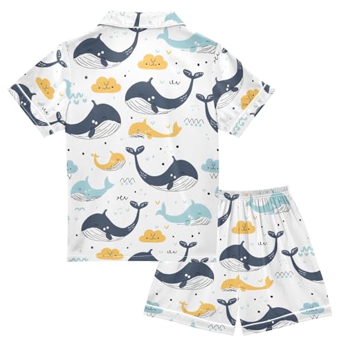 ALAZA Cartoon Whale White Cloud Pajamas Satin Pajama Set Short Sleeve Button Down Sleepwear2