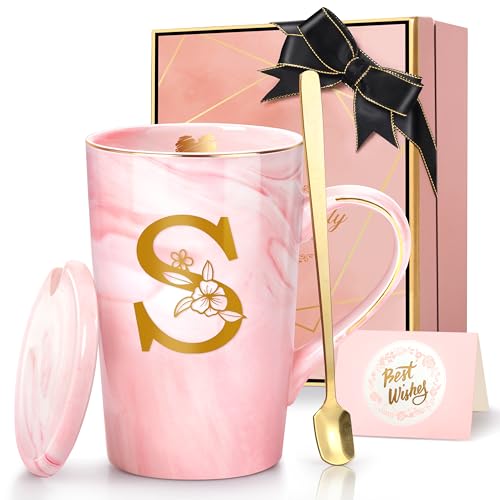 Lepiche Personalized Marble Ceramic Mug Gifts for Women, 14 Oz Pink Initial Customized Gift Coffee Mug with Lid, Mother's Day Christmas Birthday Gifts for Wife Mom Grandma Friend Sister Unique,S