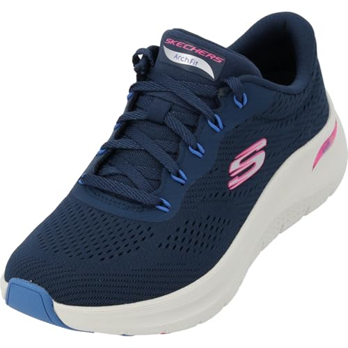 Skechers Arch Fit 2.0 Big League - Tenis para Mujer, Malla Azul Marino, Ribete Rosa Intenso y Azul, 39 EU