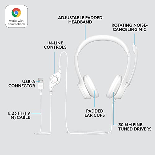 Logitech H390 Wired Headset For Pc/Laptop, Stereo Headphones With Noise Cancelling Microphone, Usb-A, In-Line Controls, Works With Chromebook - Off White #TOP5