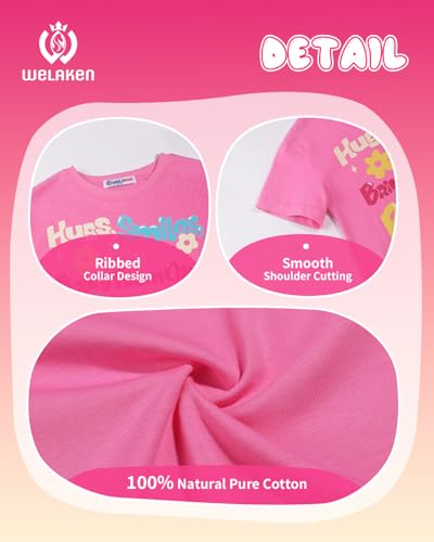 Image of WELAKEN Girls Soft T-Shirt with Curved Hem, Breathable Stretchy Rayon Crewneck Short Sleeve Tees, Kids Everyday Basic Top