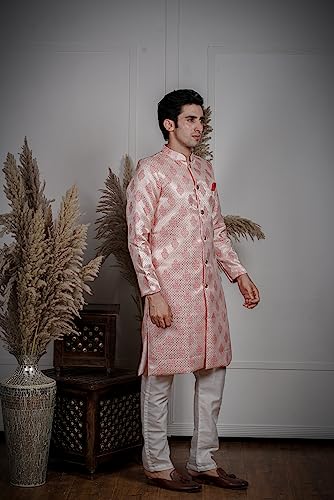 Image of Amzira Men's Soft Cotton Indo Western Kurta Pyjama Set with Mandarin Collared Neck Long Sleeves Button Closure and Solid Pant