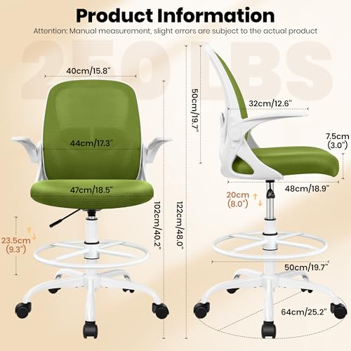 Image of Primy Drafting Chair Tall Office Chair with Flip-up Armrests Executive Ergonomic Computer Standing Desk Chair with Lumbar Support and Adjustable Footrest Ring (AvocadoGreen)