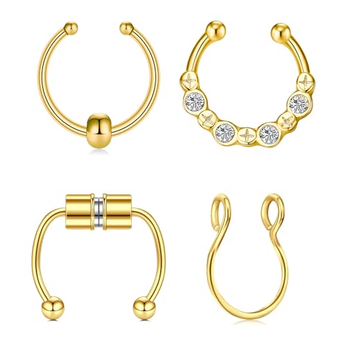 QWALIT Gold Fake Septum Ring - Faux Nose Piercing Clip-on Hoop - Doubled Septum Nose Ring