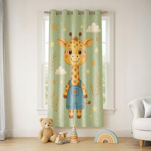 Image of STITCHNEST Velvet Kids Curtains Pack of 2 | Cartoon Giraffe & Star Print | Semi Blackout Curtains for Nursery, Baby & Toddler Room | 7 Feet