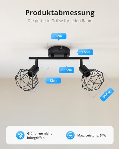 Gr4tec Deckenstrahler 2 Flammig, Vintage Deckenlampe Strahler E14, Retro Deckenleuchte Spots Schwarz, Metall Deckenspots Wandstrahler für Küche Flur Büro Schlafzimmer, Ohne Leuchtmittel