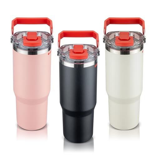 ROTPUNKT JUGSTAR PRESSIO Edelstahl Isolierbecher Tumbler 0,9 Liter mit Strohhalm, Zwei Trinköffnungen für Warme und Kalte Getränke, Thermoflasche mit Klappbarem Tragegriff für Unterwegs (Black)
