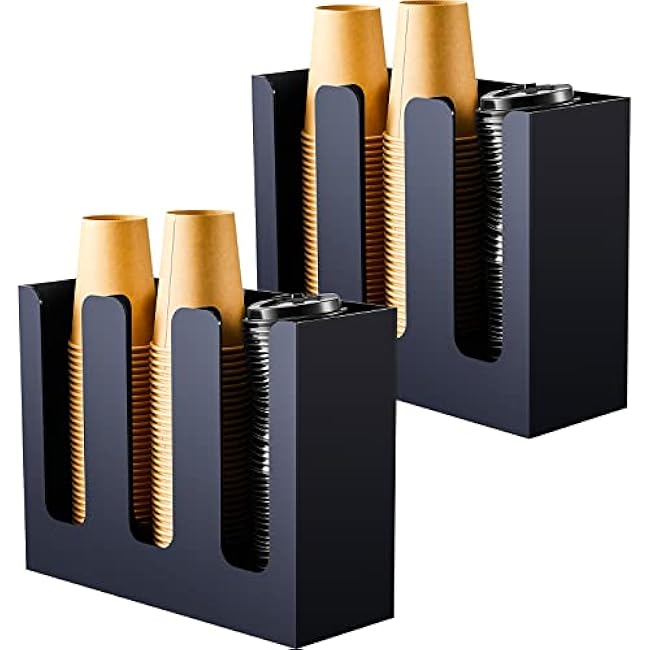 Mumufy 2 Pack 3 Compartments Acrylic Cup Storage Organizer, Disposable Paper Cup Dispenser, Coffee Lid Sleeve Holder for Countertop Restaurant Breakroom Coffee Station Bar Shop Party Supplies