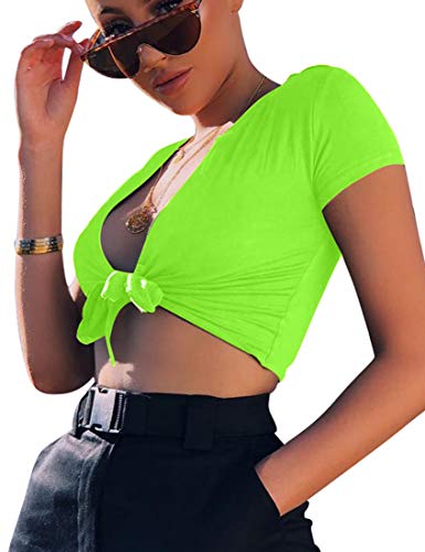 BORIFLORS Women's Sexy Tie Up Crop Top Short Sleeve Deep V Neck Casual Basic T Shirt,X-Small,Light Green