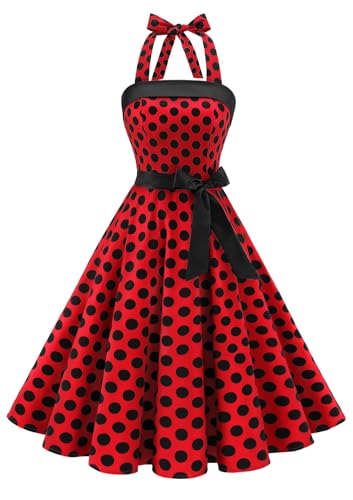Timormode Damen Vintage Cocktailkleid Knielang Neckholder Swing Retro Rockabilly Kleid Groß Rot Schwarz XL
