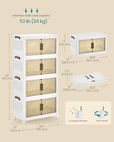 Image of SONGMICS 48QT Plastic Storage Bins with 1 Lid, 4-Tier Stackable Bins with Doors and Wheels, Foldable Storage Boxes, for Closets, Bedroom, Living Room, Office, White URLB450WZ01
