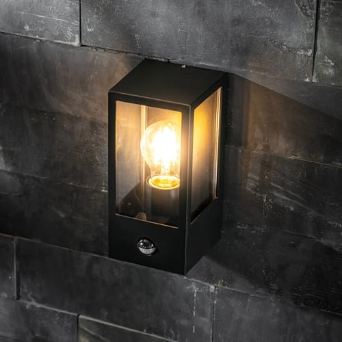 CGC Lighting Outdoor Outside Wall Light Contemporary Box Lantern Garden Porch Post Driveway Patio Lamp Weatherproof (Black Aluminium PIR) - Image 2