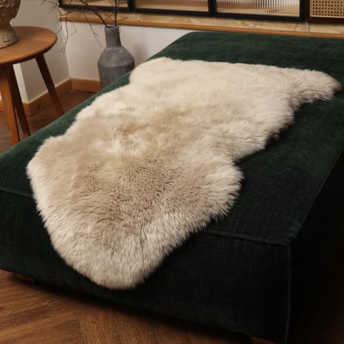 Premium Genuine Fur Sheepskin Rug Real Australia Sheepskin Natural Luxury Fluffy Lambskin Fur Area Rug Seat Covers for Kids Bedroom Sofa Chair Cover (Creamy Gray, Single Pelt/2ft x 3ft)