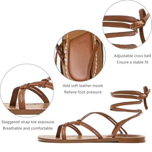 Women Leather Strappy Flat Toe Clip Gladiator Sandals Summer Wrap Open Toe Tie Up Comfortable Ankle Strap Beach Travel Sandals2