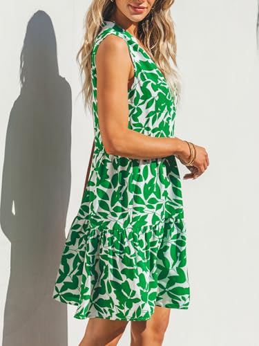 Image of CUPSHE Women's Ruffle Beach Mini Dress Split V Neck A Line Sleeveless Geometric Stripe Tropical Leaf Pattern Summer Dresses