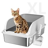 Extra Large Stainless Steel Litter Box with Lid, XL Odor Free Metal Litter Box with High Sides for Big Cats, Open Top Easy Cleaning Kitty Box Anti-Urine Leakage, Non-Sticky, Include Scoop