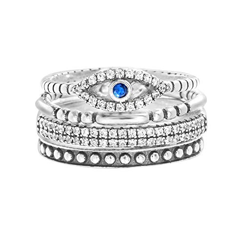 Willowbird Oxidized Sterling Silver Multi-Pack Cubic Zirconia Stackable Eternity Ring for Women Set (Evil Eye Size 9)