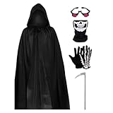 Umhang mit Kapuze Halloween Kostüm mit Kapuze im 5-teiligen Sensmann-Halloe Kostüm mit Maske des Skeletthandschuhs, Sense und Brille ROS