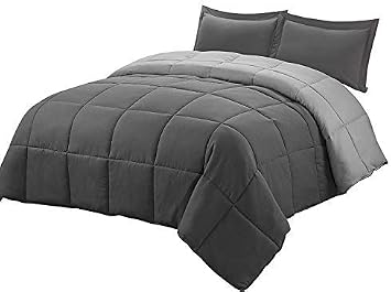 HUAJIE 3 Piece All Season Goose Down Alternative Comforter Set,Duvet Insert Stand Alone 2 Shams,Reversible Box Stitched Quilted Comforter Corner Duvet Tabs,Soft Plush Gray, Queen