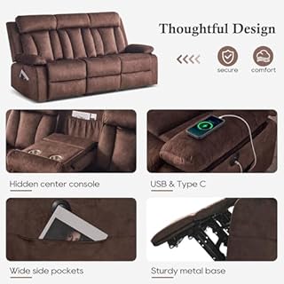 RIHEREFY Power Reclining Sofa with Heat&Massage, Reclining Couch with Multi-Function Console/USB Ports/Type C, Wall Hugger 3 Seater-Sofa Recliner, Reclining Sofa Couch for Living Room