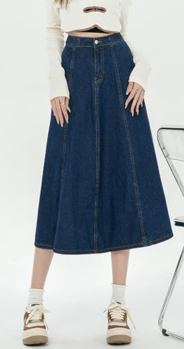 chouyatou Women's High Elastic Waist Spring Midi Denim Skirt Casual A-Line Pleated Umbrella Jean Skirt2