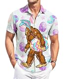 DADDYLOCO Bigfoot Easter Button Down Shirt, Hawaiian Style Short Sleeve with Sasquatch Design, Pastel Floral Pattern, Cotton Blend, Regular Fit