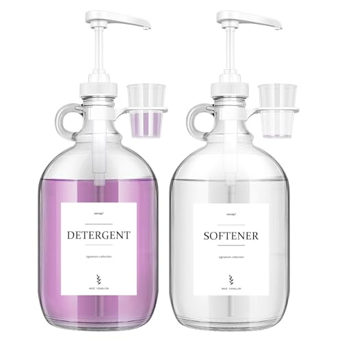 2 Pcs Glass Liquid Laundry Detergent Dispenser with Cup Holders Half Gallon Dispenser for Laundry Room (64 oz. Each) Laundry Detergent Bottles with Pump Dispenser -Includes Labels Measuring Cups