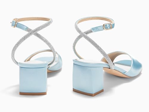 Coutgo Womens Heeled Sandals Rhinestone Chunky Low Heels Satin Square Toe One Strap Ankle Buckle Dress Shoes4