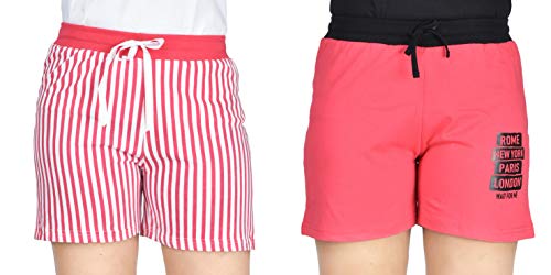 Image of Club A9 Women's Cotton Printed Shorts | Short Pants | Hot Pants (Pack of 2) (L, Pink Stripe, Dark Pink)
