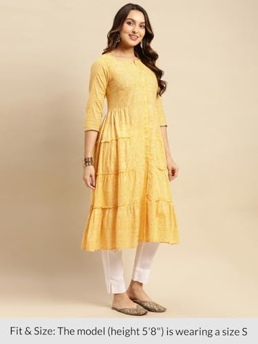 Image of rangita Cotton Calf Length Printed Tiered Flared Kurti for Women | Kurta for Women