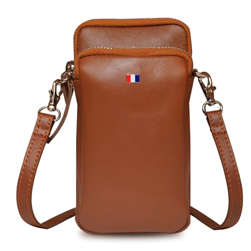 ABYS Tan Genuine Leather Unisex Mini Mobile Bag,Mobile & Passport Pouch for Women,Sling Multipurpose Travel Bag for Men,Adjustable Detachable Strap