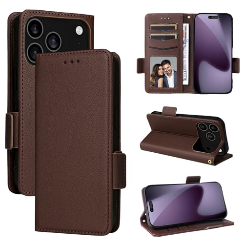 Étui iPhone 15 Plus marron anti-choc et portefeuille cuir à rabat magnétique