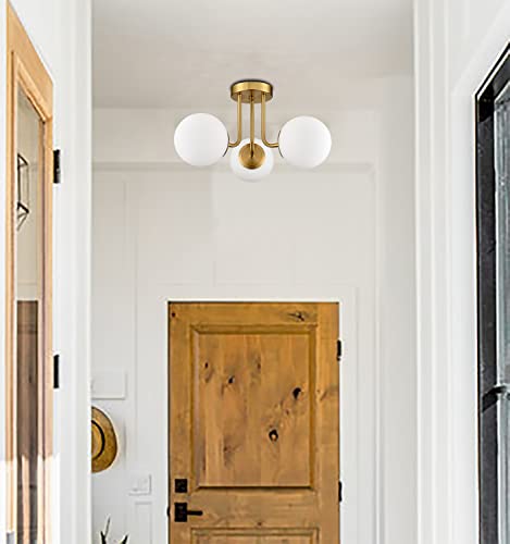 Shawnkey Modern Brass Gold 3-Light Ceiling Light With Globe White Glass Shade Semi Flush Mount Ceiling Light For Living Room Hallway Sputnik Chandelier Lighting Fixture #TOP2