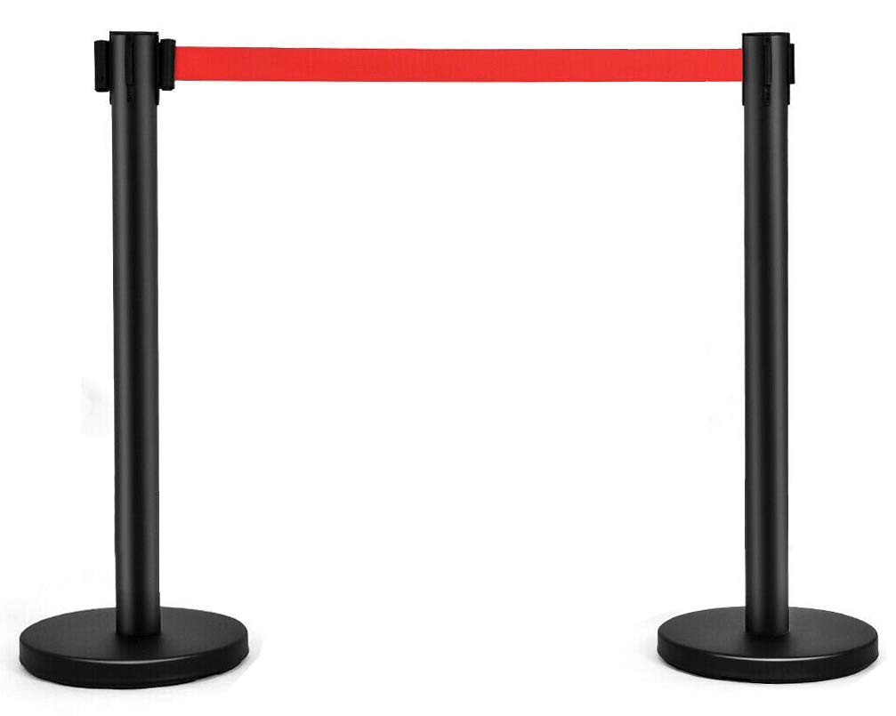 Electriduct Black Stanchion with Red Retractable Belt 35" Crowd Control Queue Line Pole Barrier Metal Post (2 Pieces)